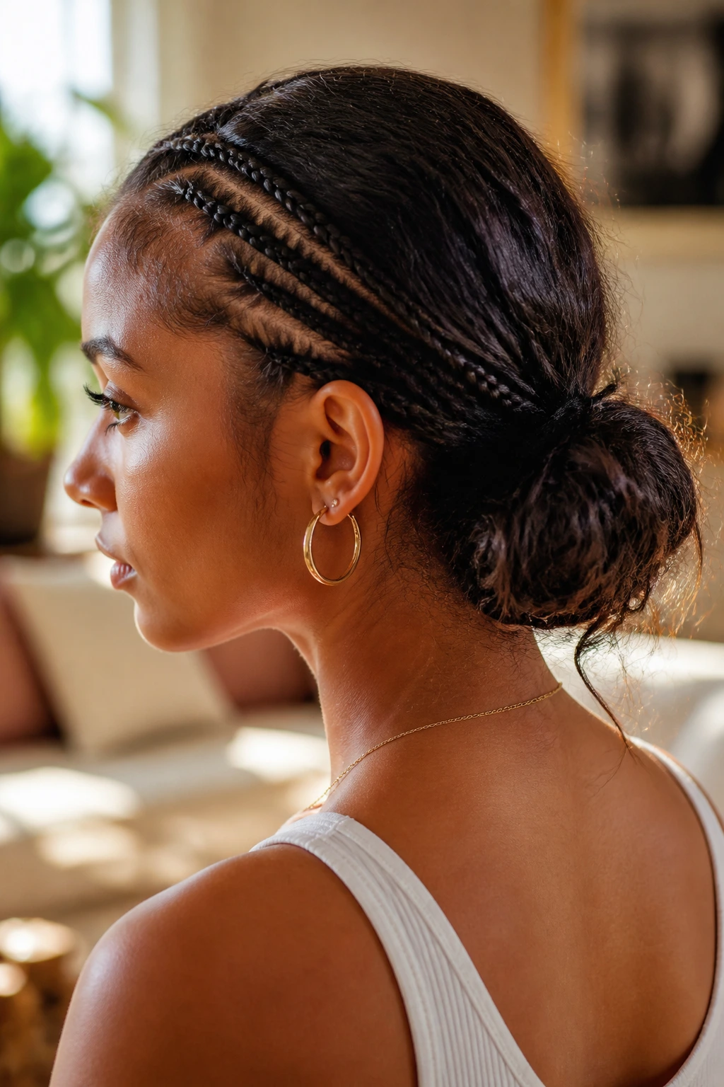 Back-of-head portrait showing mini braids leading into a loose low bun