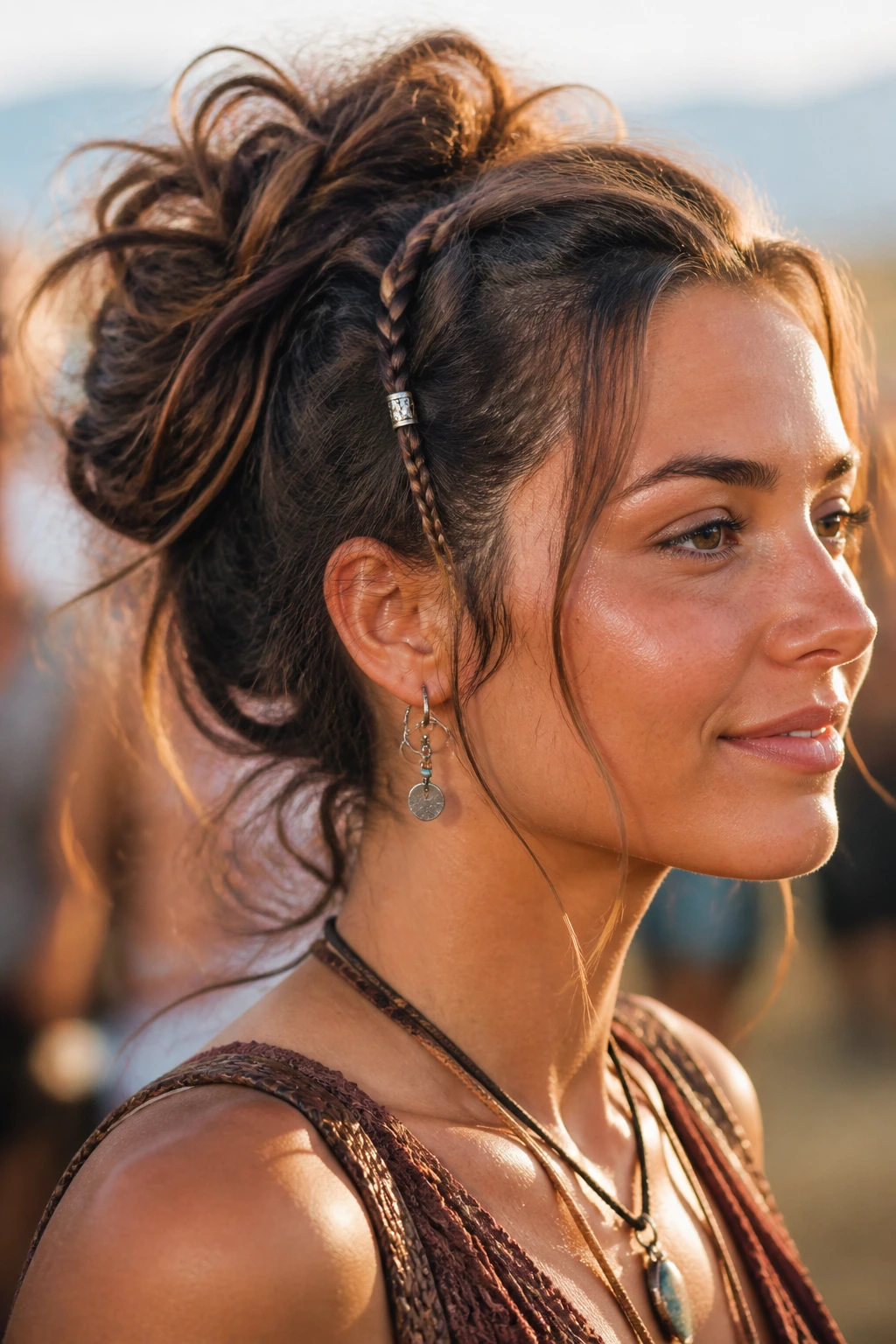 Close-up of mini braids in a messy knot on a real woman, boho vibe