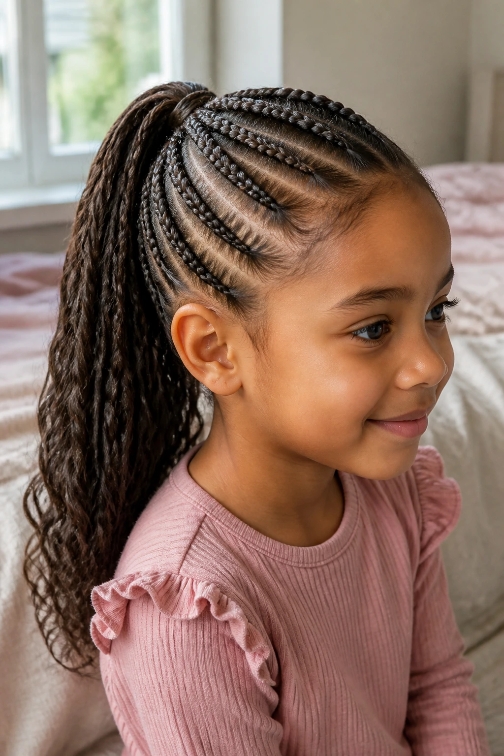 Close-up of a little girl's head showing mini braids into a single ponytail in a cozy bedroom