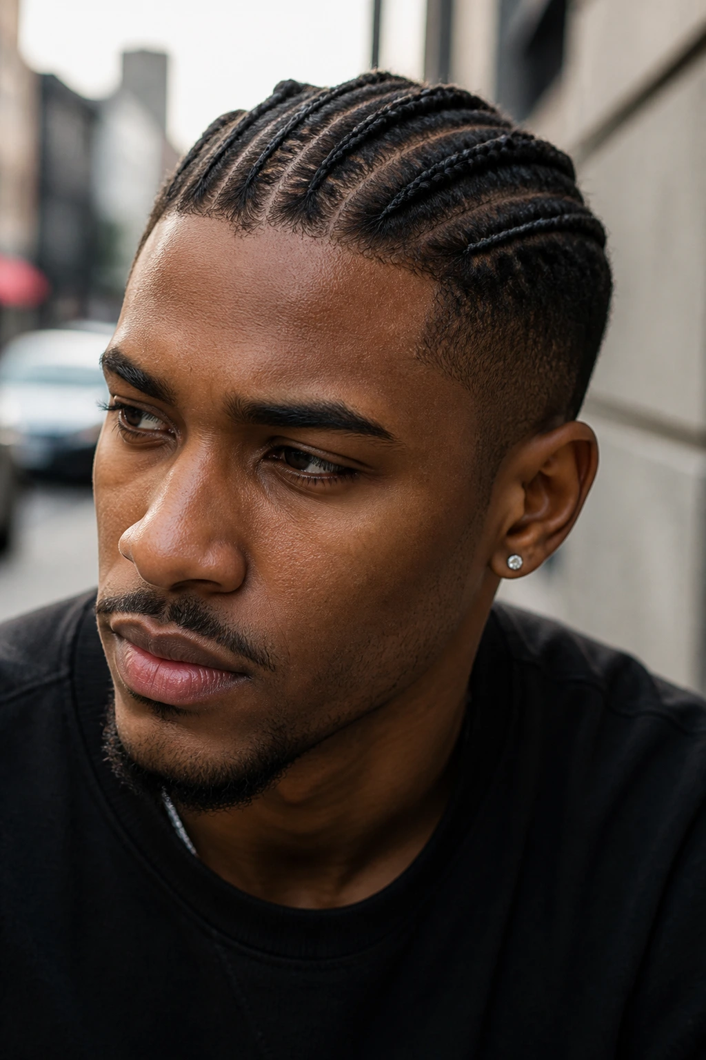 Man with short hair and mini braids close-up portrait