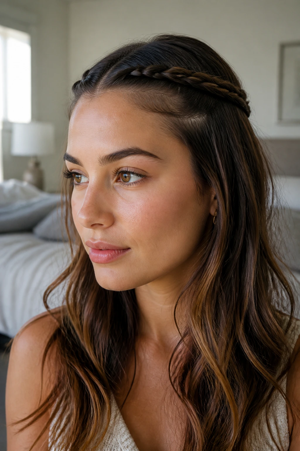 Close-up of a real woman with two mini braids at the temples pulled back.