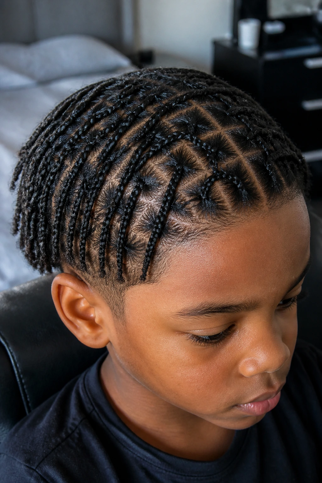 Close-up of a real boy's head with many tiny braids across the scalp