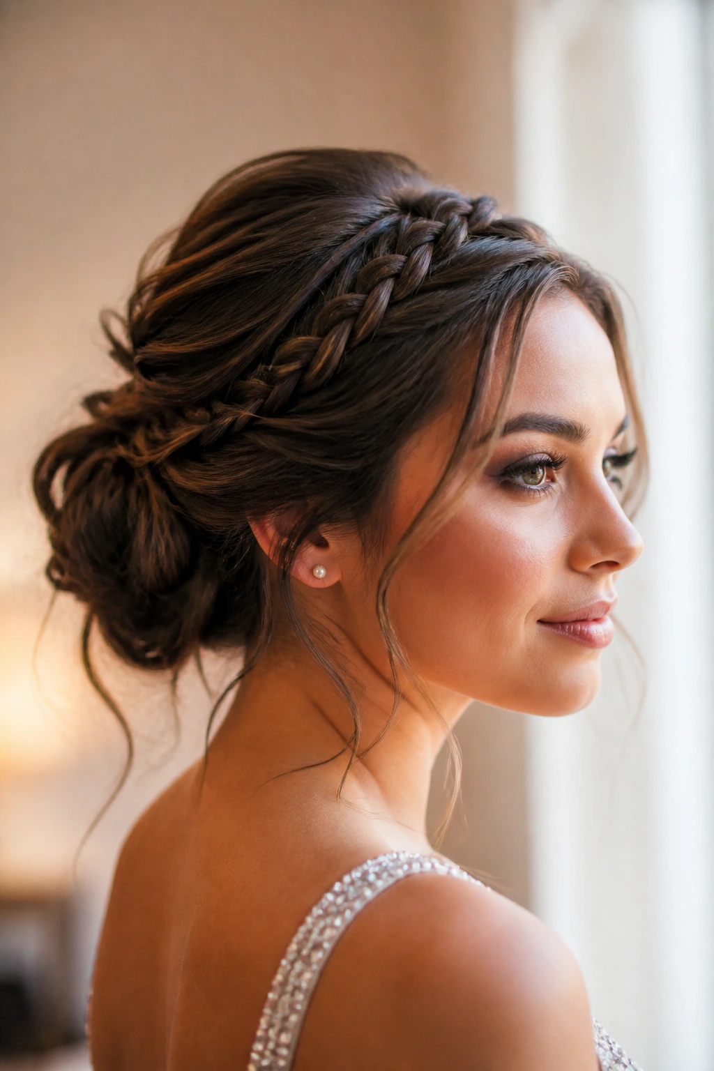 Close-up of a real woman with a soft updo and mini braids woven in.