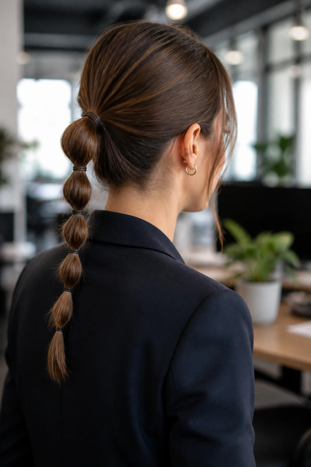 Rear view of a real woman with a Mini-Bubble Ponytail in a coworking space.