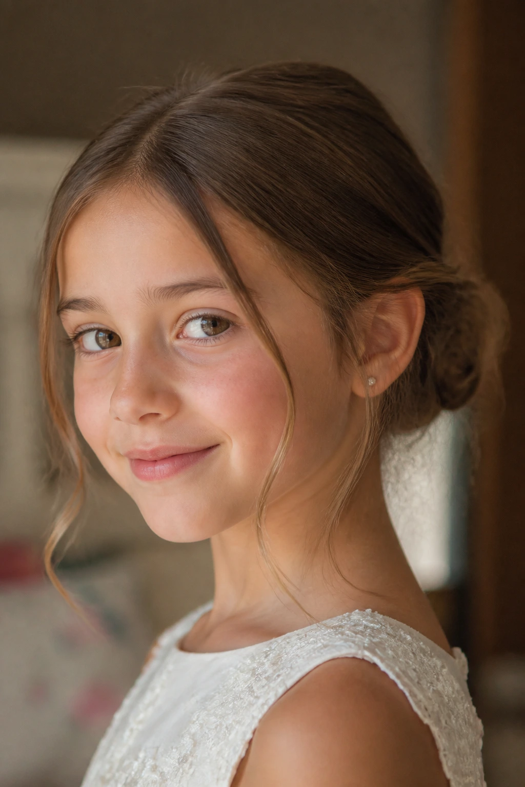 Girl with mini bun and face-framing curls