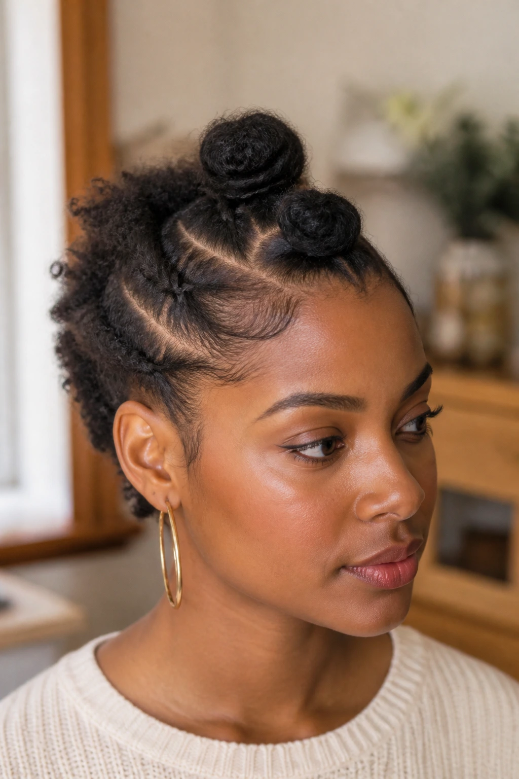 Close-up of a real person with three center mini buns forming a frohawk