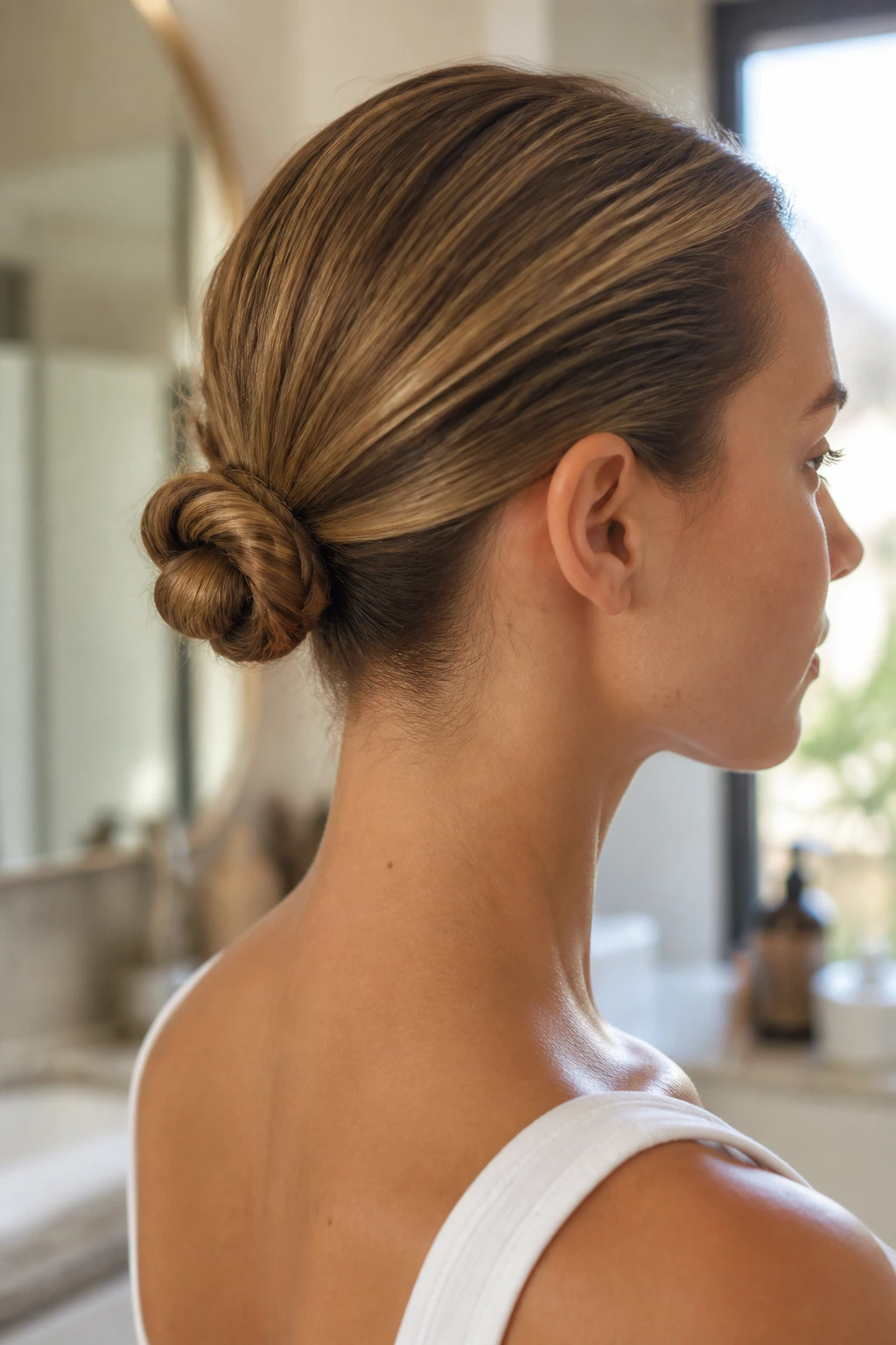 Close-up of a real woman with a tiny neat mini bun at the center back of her head in warm bathroom lighting