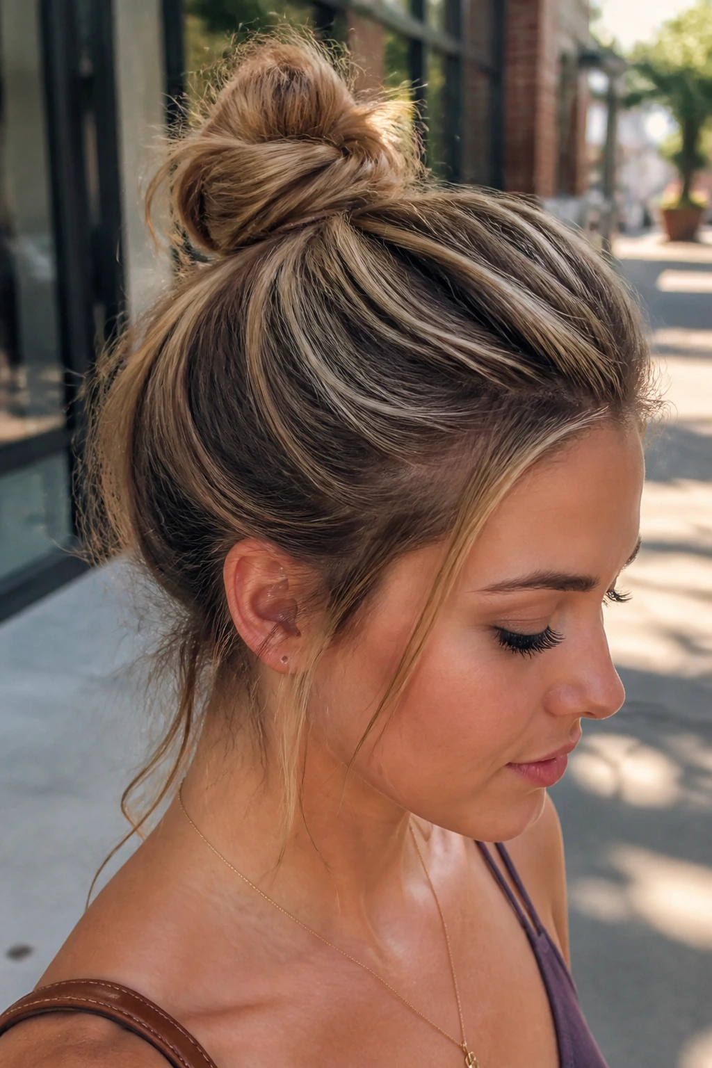 Portrait of a real person with a small crown bun during daytime outdoors.