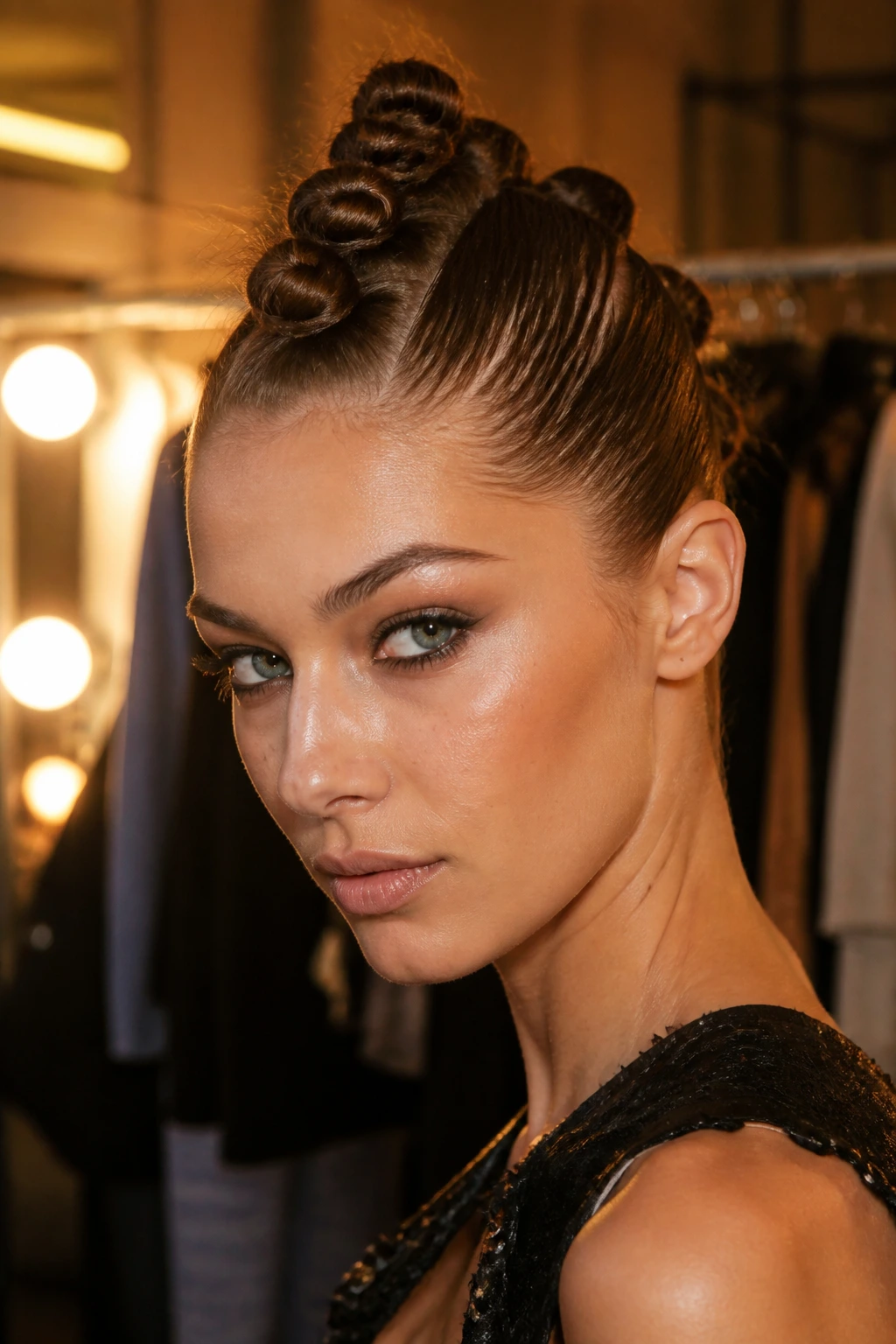 Close-up of Mini Bun Spine hairstyle on a real woman with a row of small buns along the scalp.