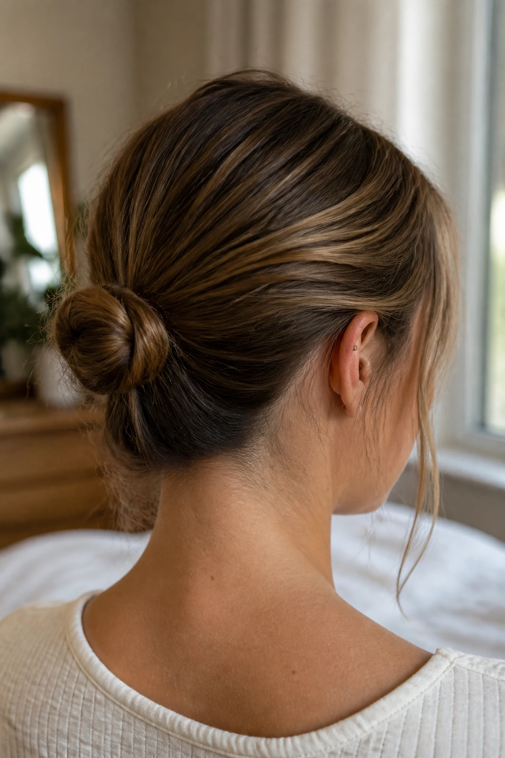 Close-up of a real woman showing a small, neat mini bun at the center back of the head.