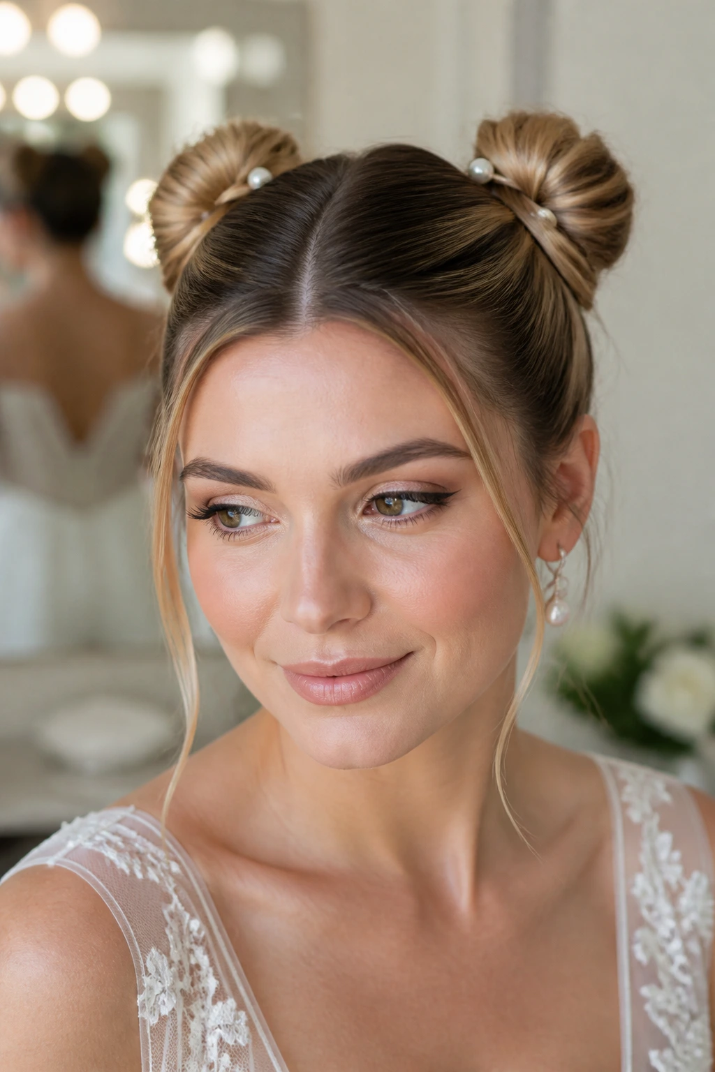 Close-up of a real person with two mini buns and subtle pearl pins