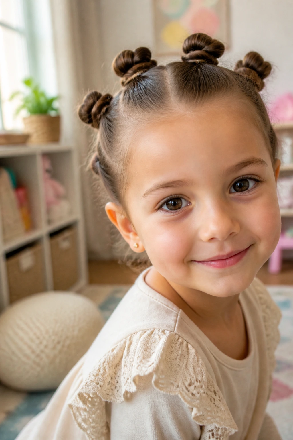 Portrait of a girl with multiple small buns on the crown, illustrating easy, comfortable styling