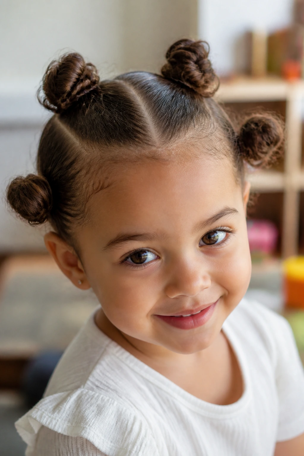 Close-up of a child with four mini buns arranged around the head
