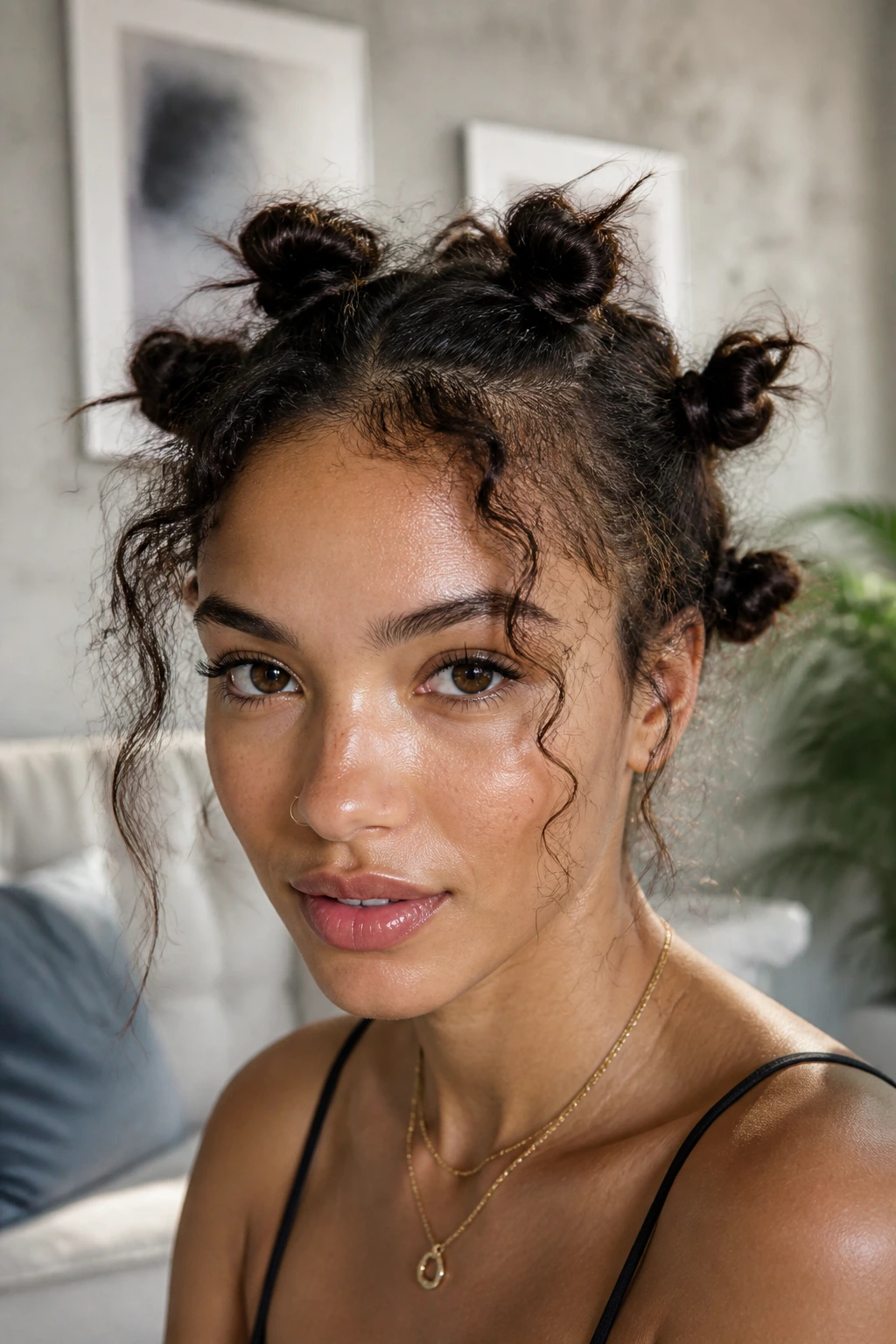 Close-up of real person with mini buns and loose ends in natural daylight