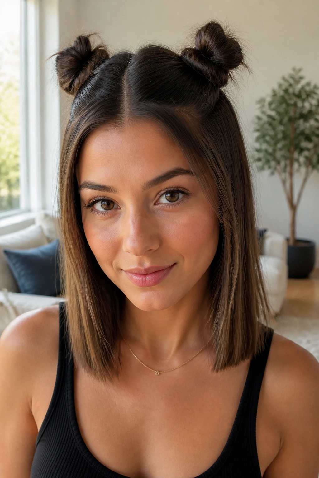 Close-up of a real woman with two tiny buns and straight hair ends