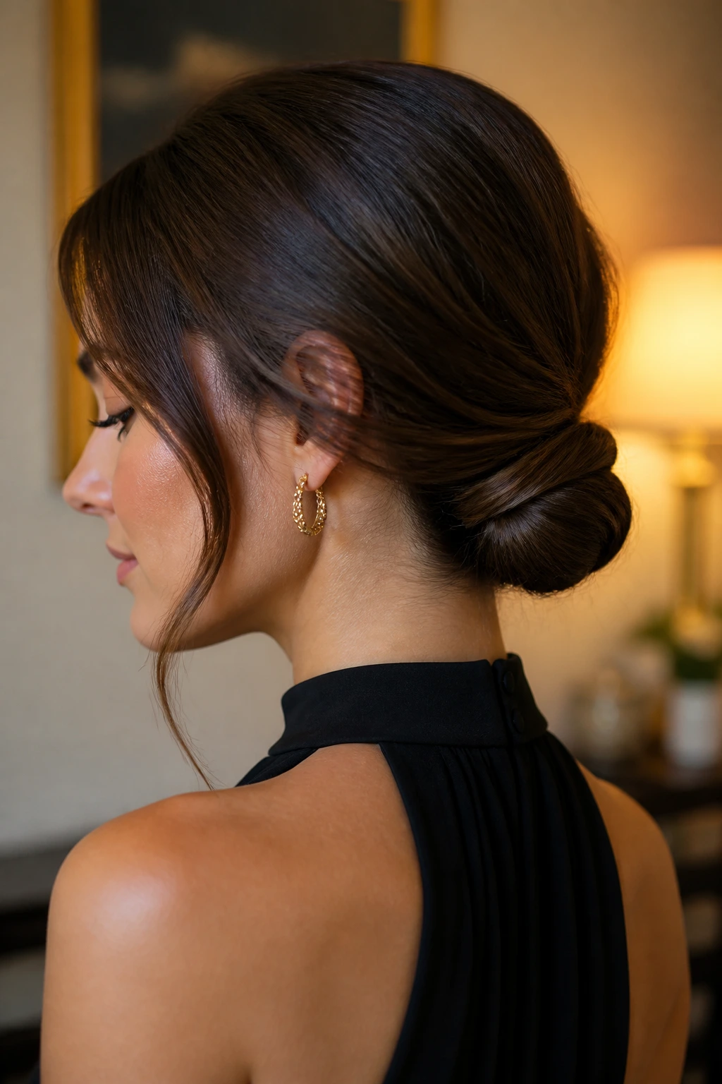 Close-up of a real woman with a mini chignon at the nape