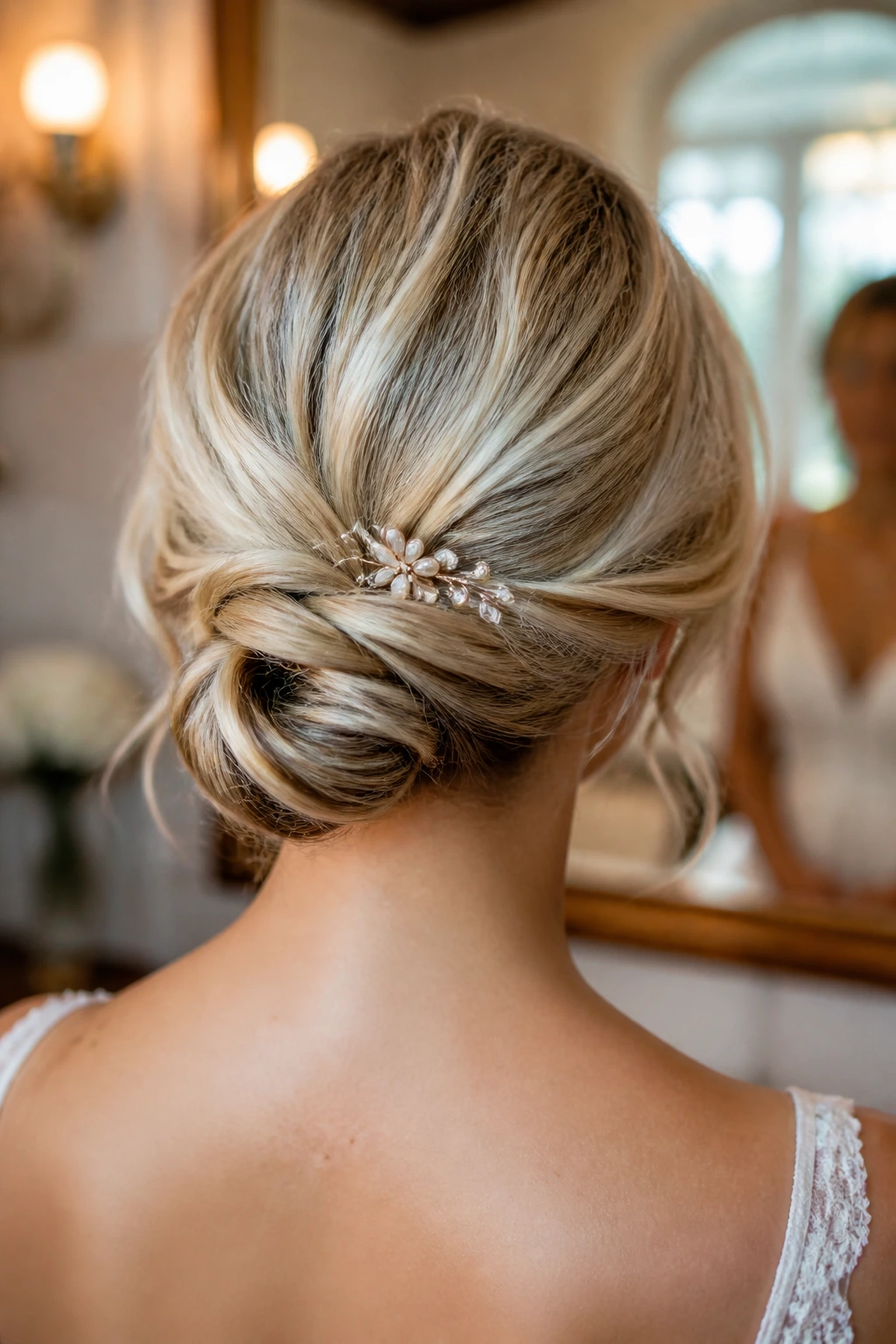 Back view of real bride with a mini chignon at the nape