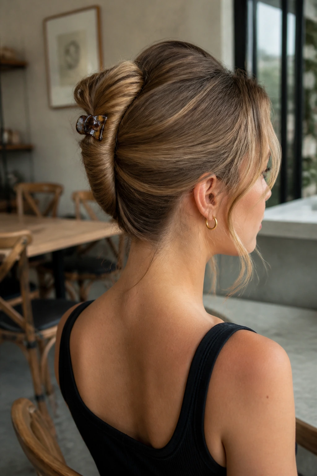 Three-quarter profile of a real woman with a small claw clip securing a French roll at the crown.