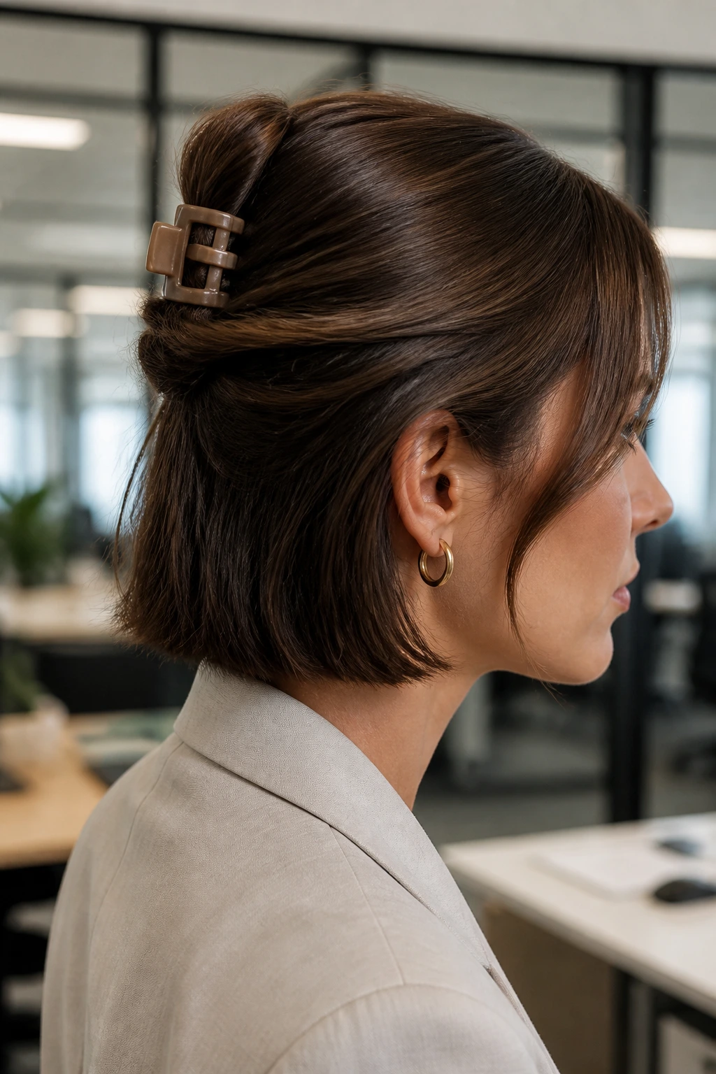 Portrait of a woman with a mini claw-clip twist for short hair