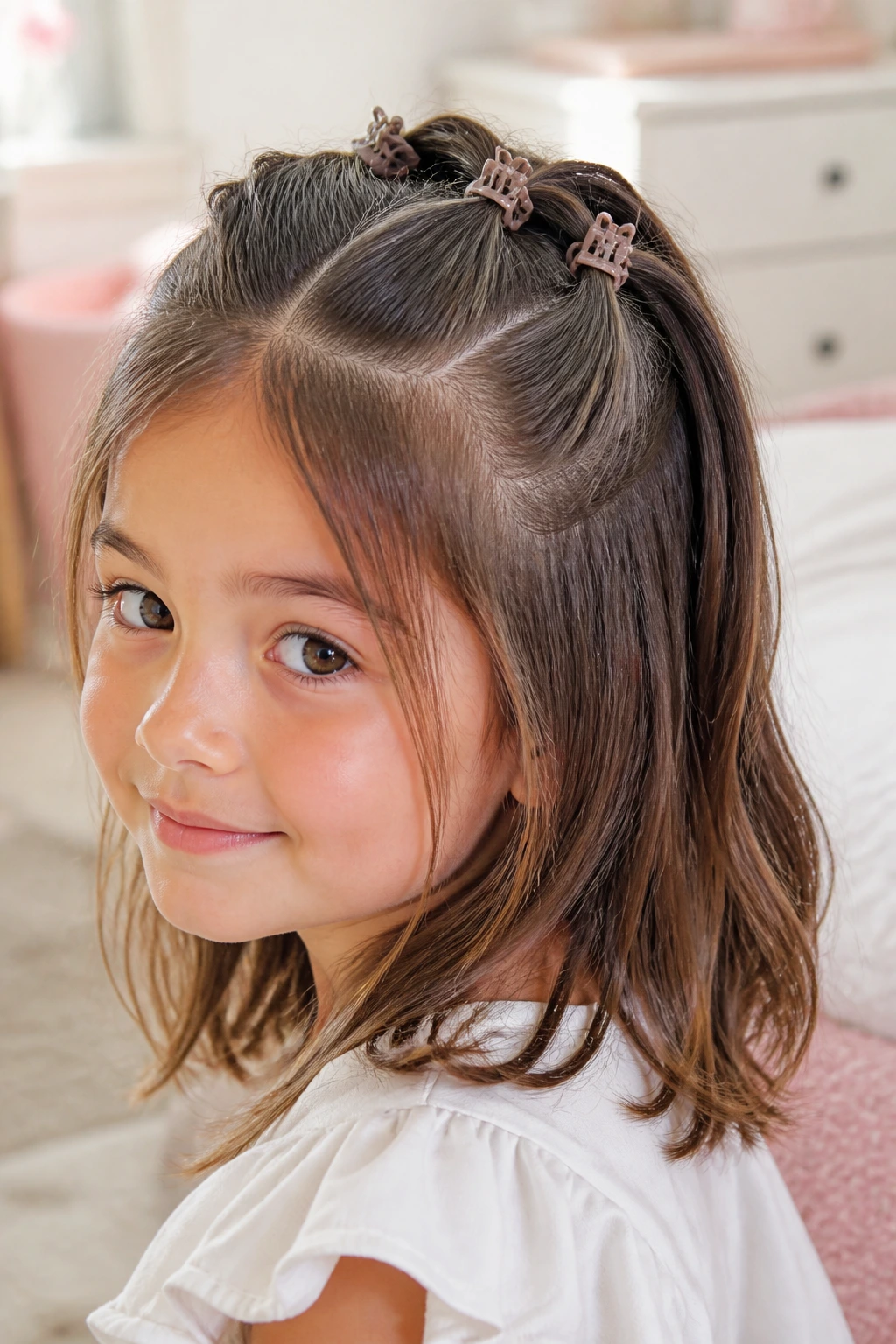 Brunette girl with mini claw clips holding back layers