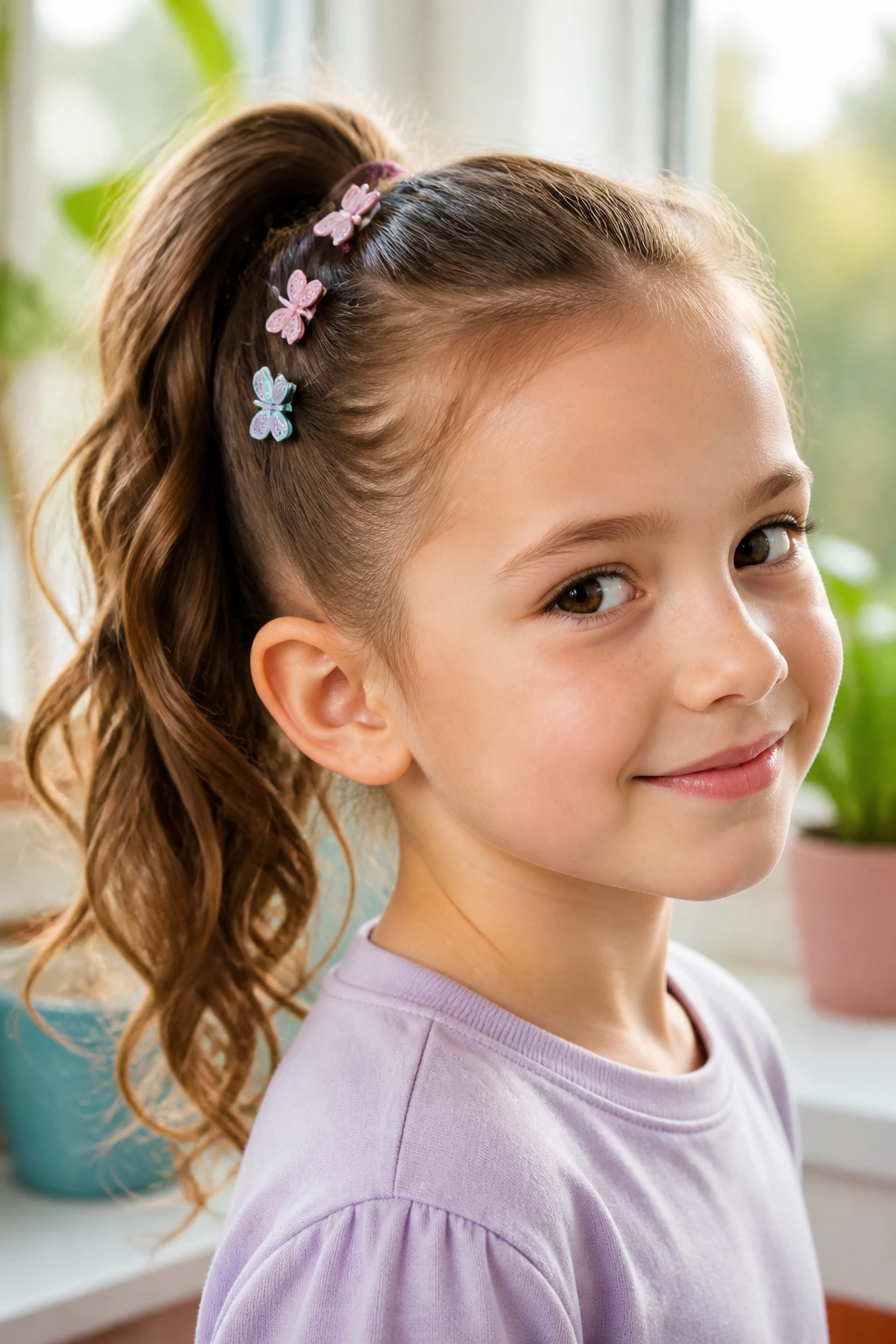Child's ponytail with mini clips in bright daytime setting
