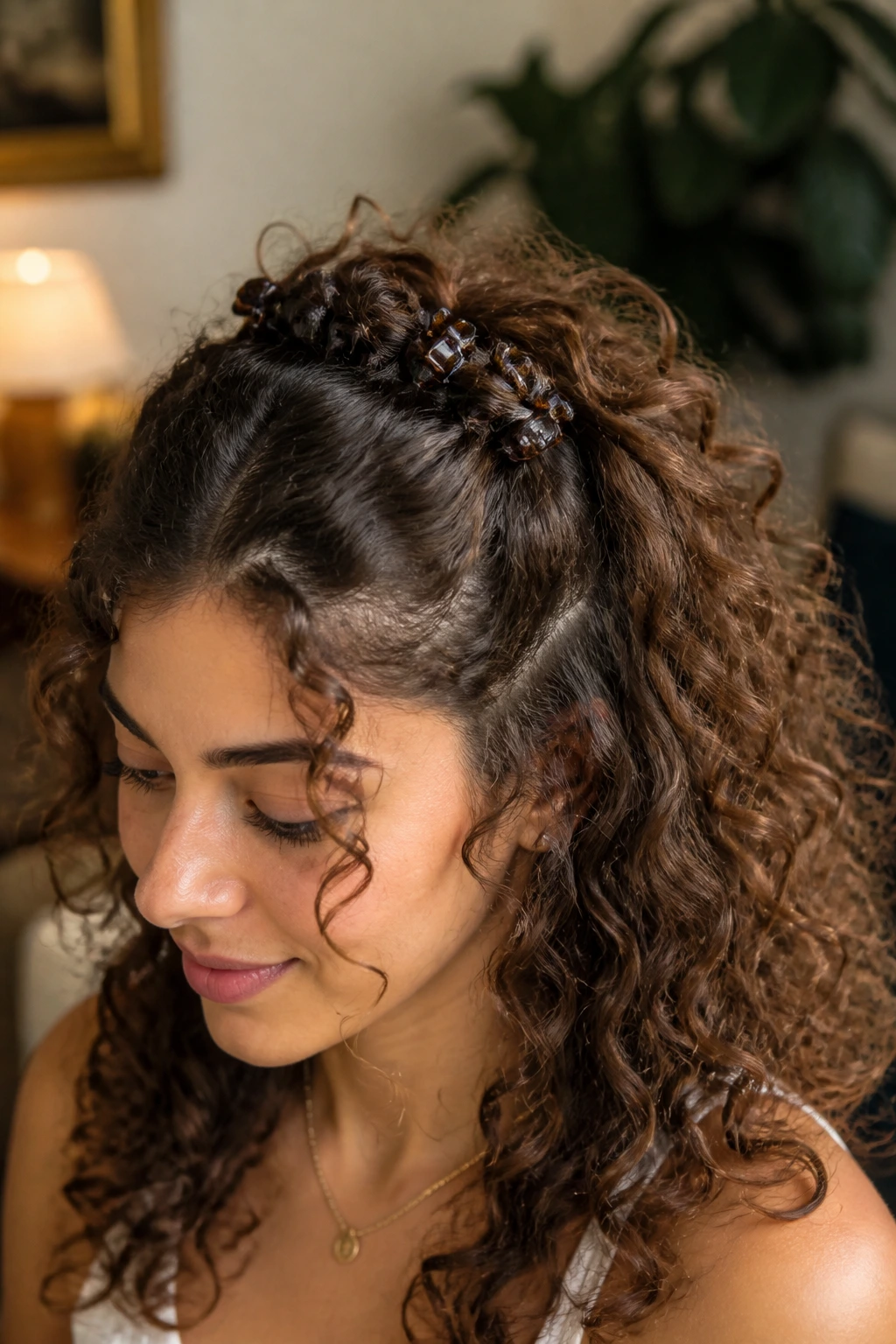 Close-up of a real woman with a mini clip stack securing a half-up hairstyle.