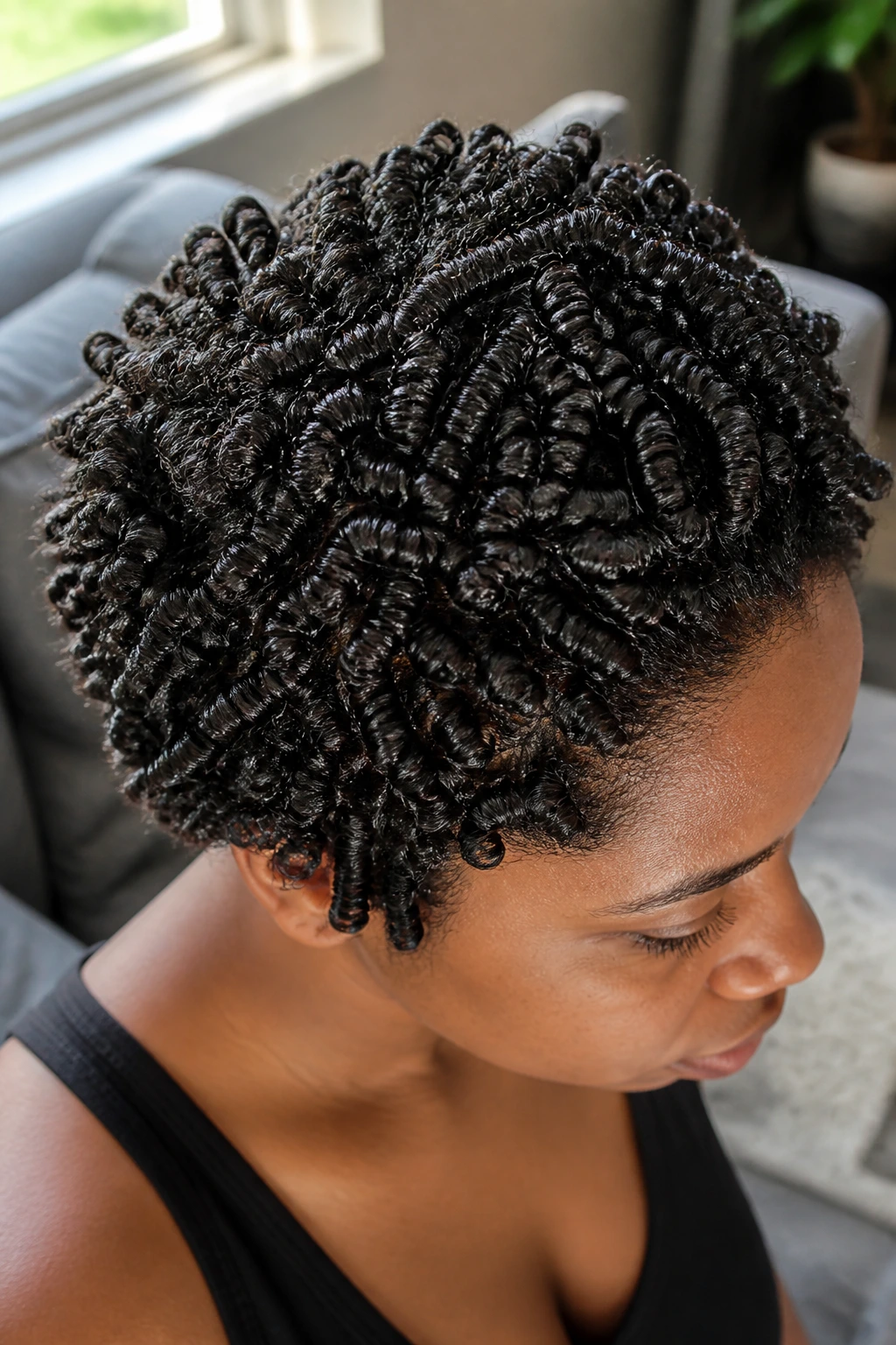 Close-up of dense mini coils on natural hair