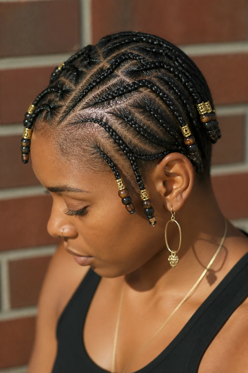 Close-up of mini cornrows with beads on short hair