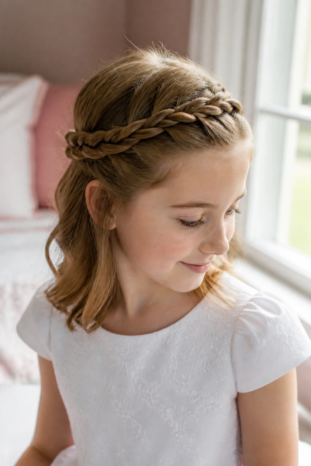 Close-up of a mini crown of twists on a real girl's head