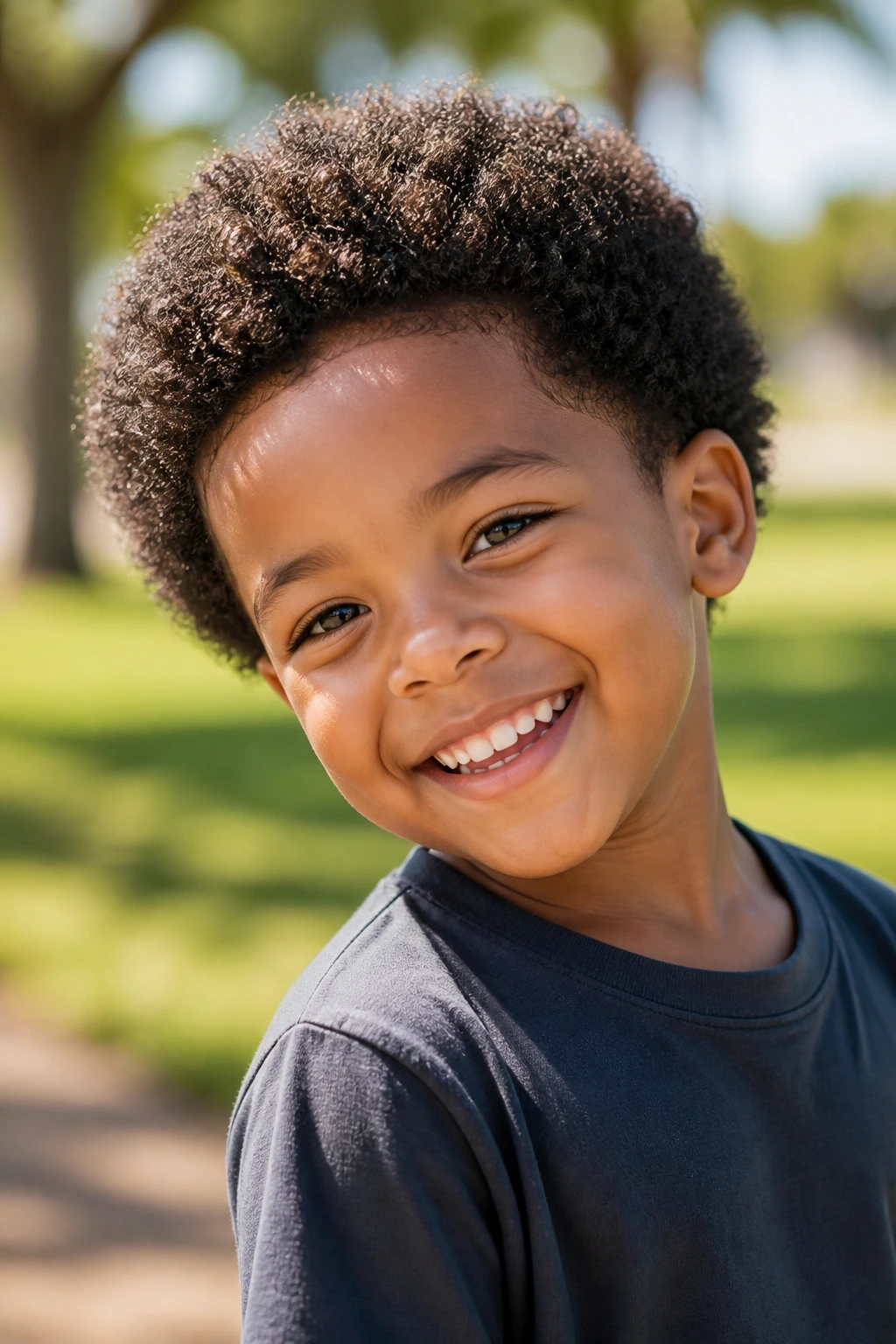 Close-up of a boy with mini curly afro outdoors.