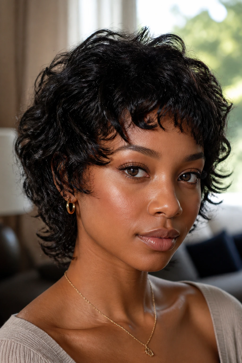 Close-up portrait of a real Black woman with mini curly shag and baby bangs