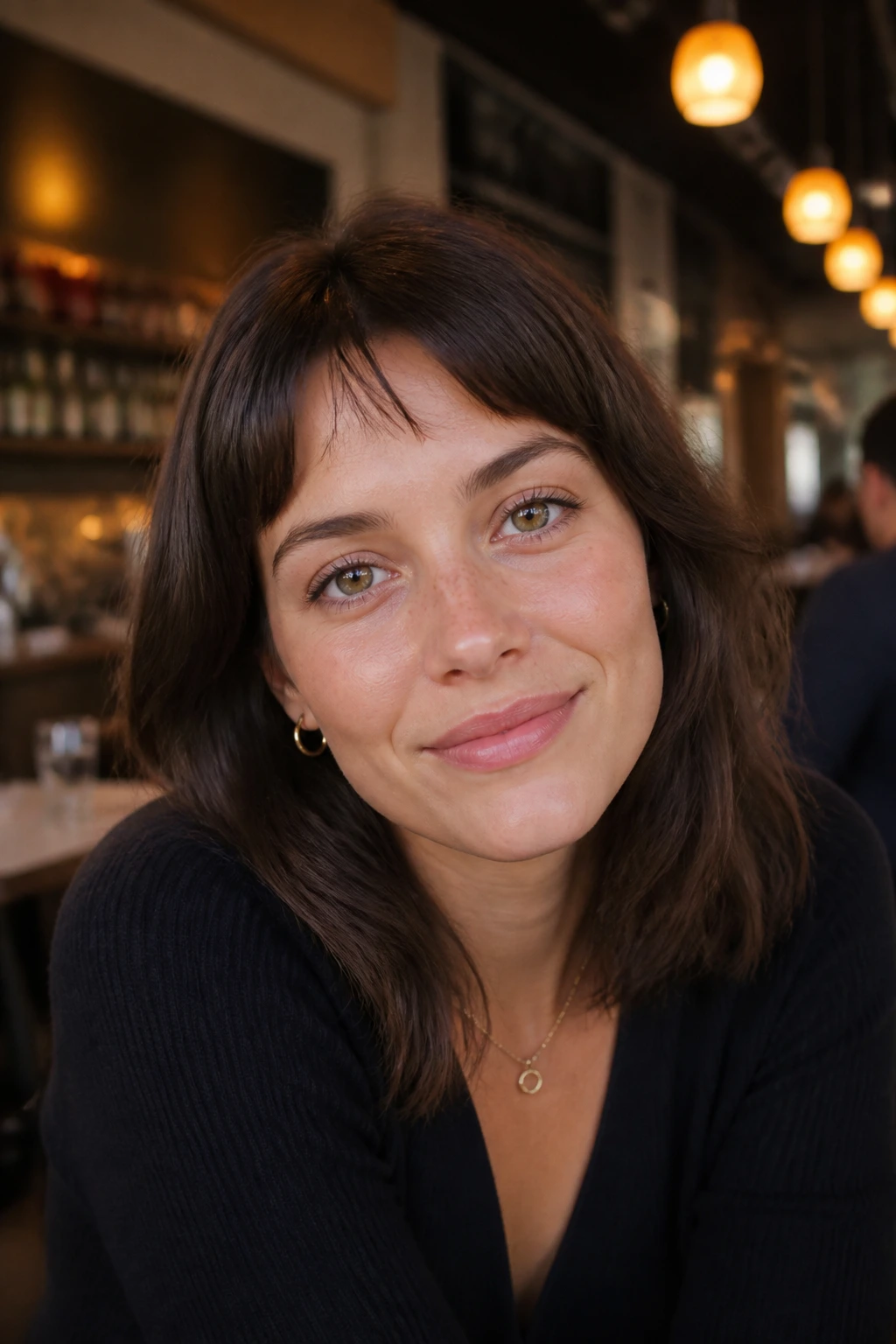 Close-up portrait of a real person with mini curtain bangs in a warm cafe scene