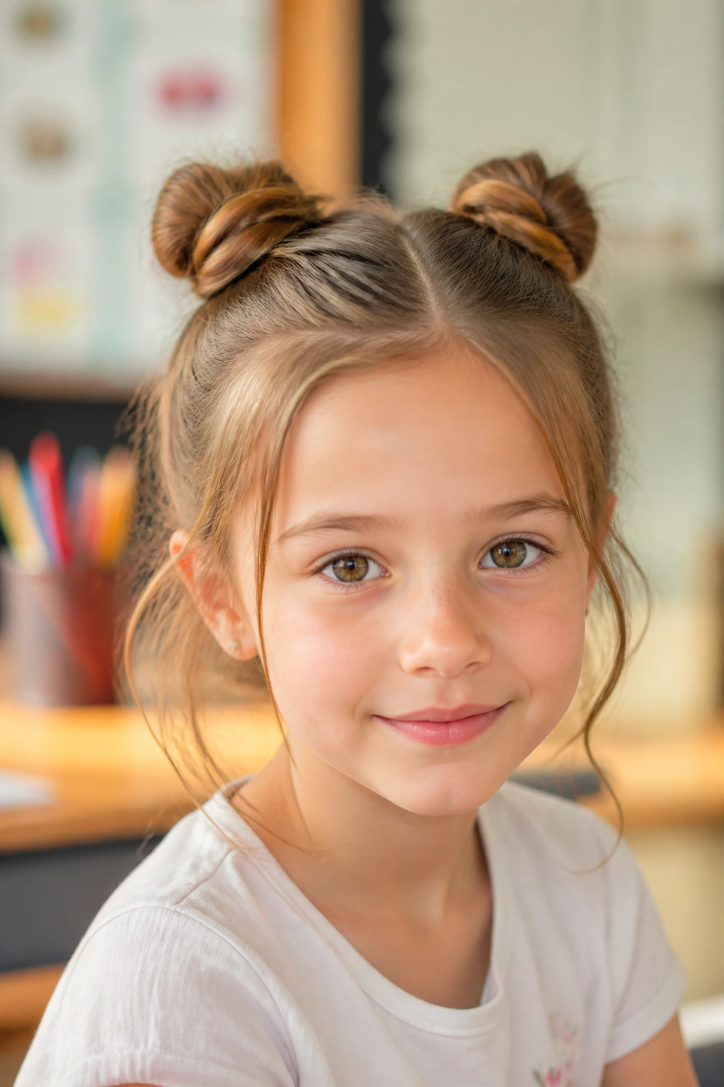 Close-up of a girl with mini double buns on short/medium hair