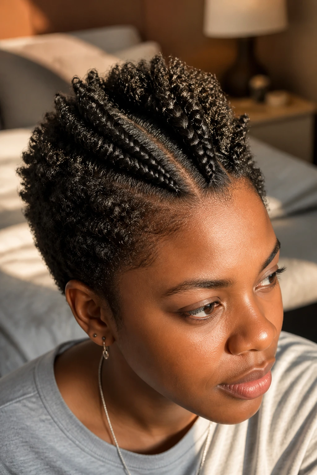 Close-up of a real person with two mini Dutch braids forming a small mohawk on short natural hair