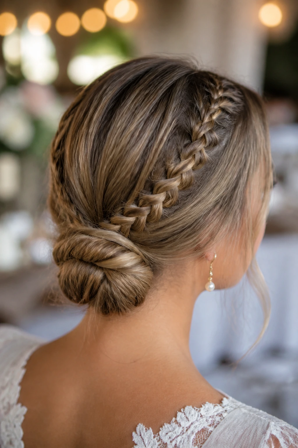 Close-up of two slim Dutch braids leading into a low bun on a real bride