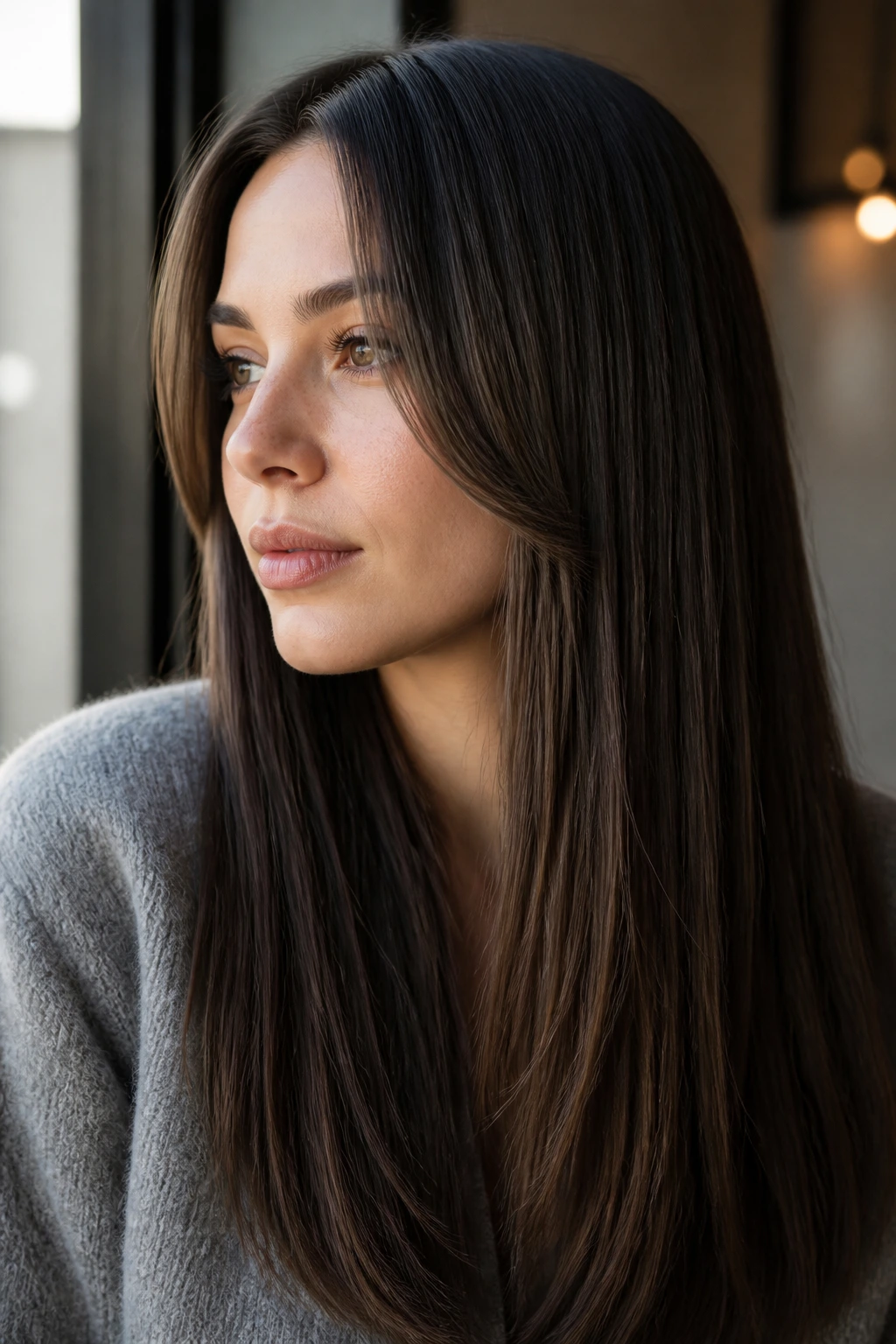 Close-up of a real woman with Mini Face Frame With a Blunt Perimeter showing blunt front framing