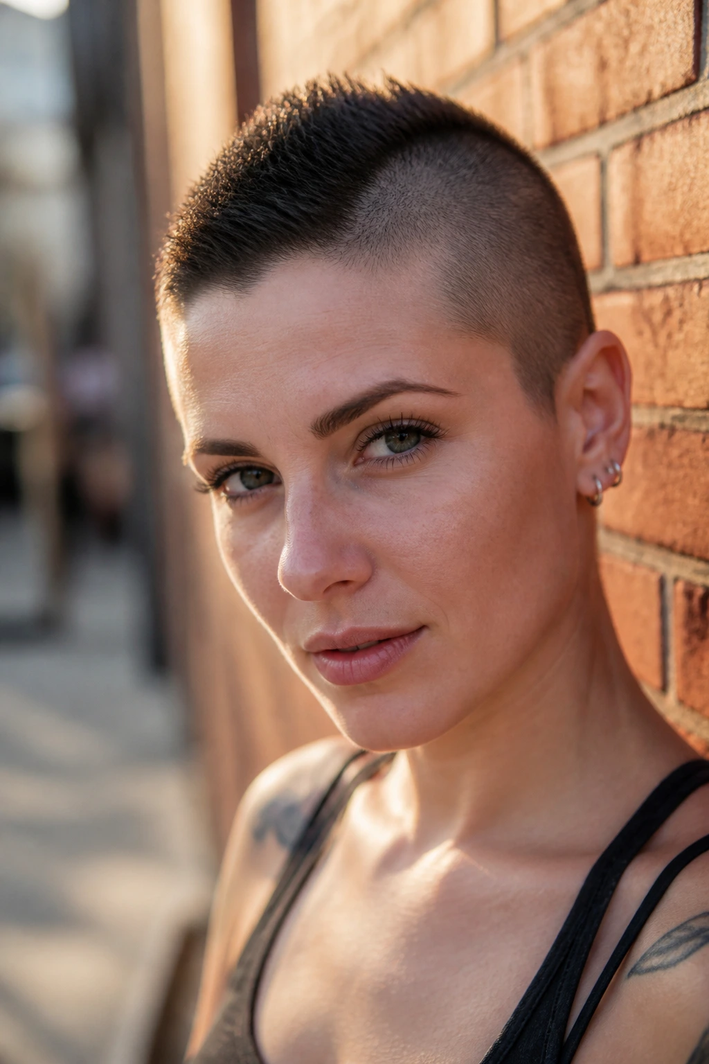 Portrait of woman with mini faux hawk buzz against urban brick wall