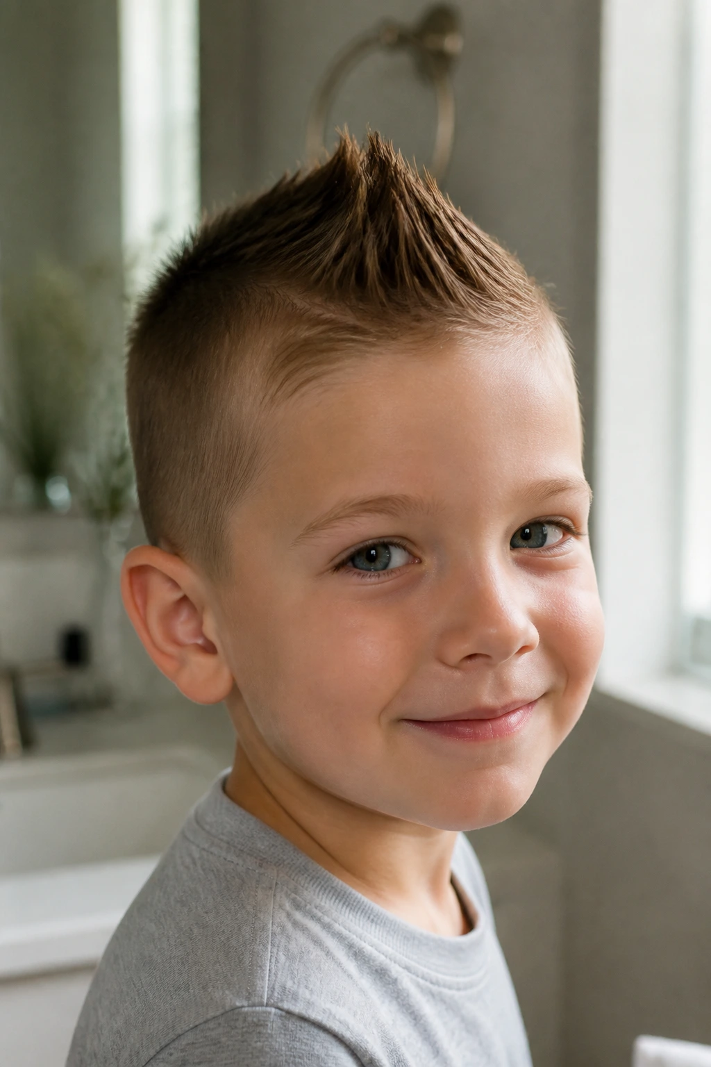 Boy with mini faux hawk in morning bathroom light
