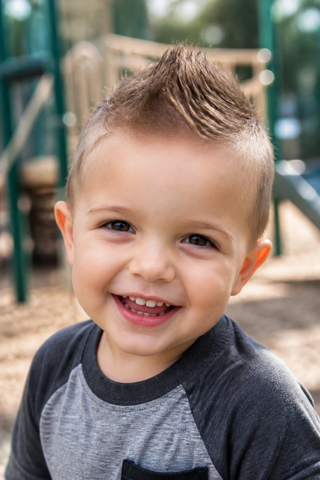 Toddler portrait with a mini faux hawk at the playground.