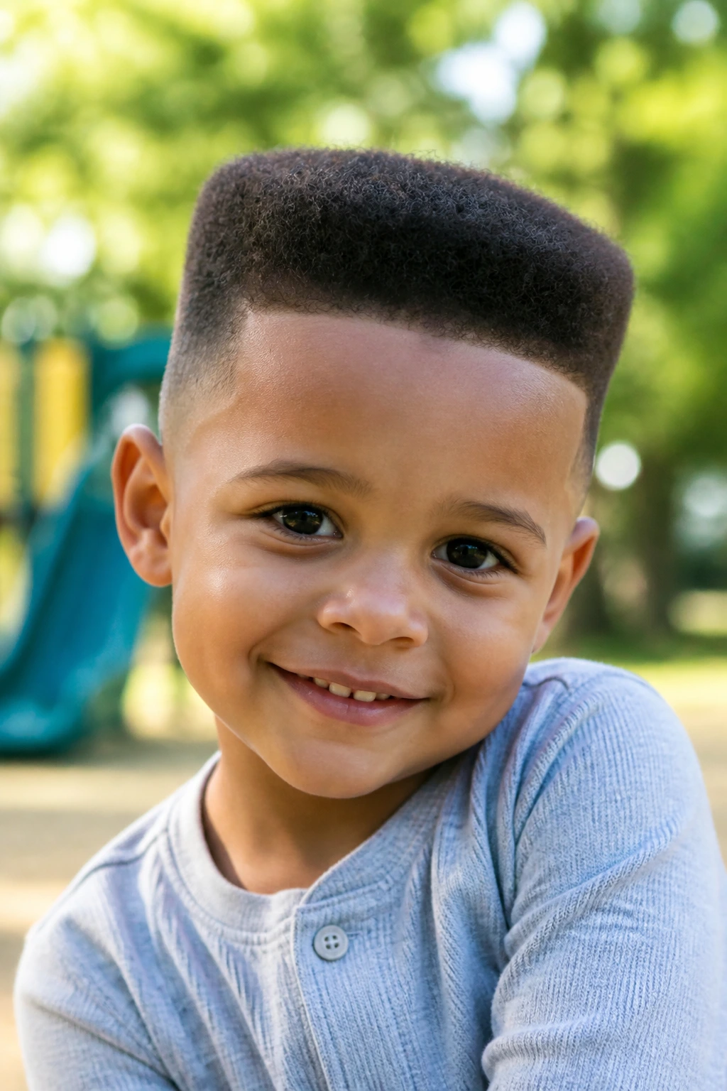 Close-up of real toddler boy with mini flat top hairstyle in daylight