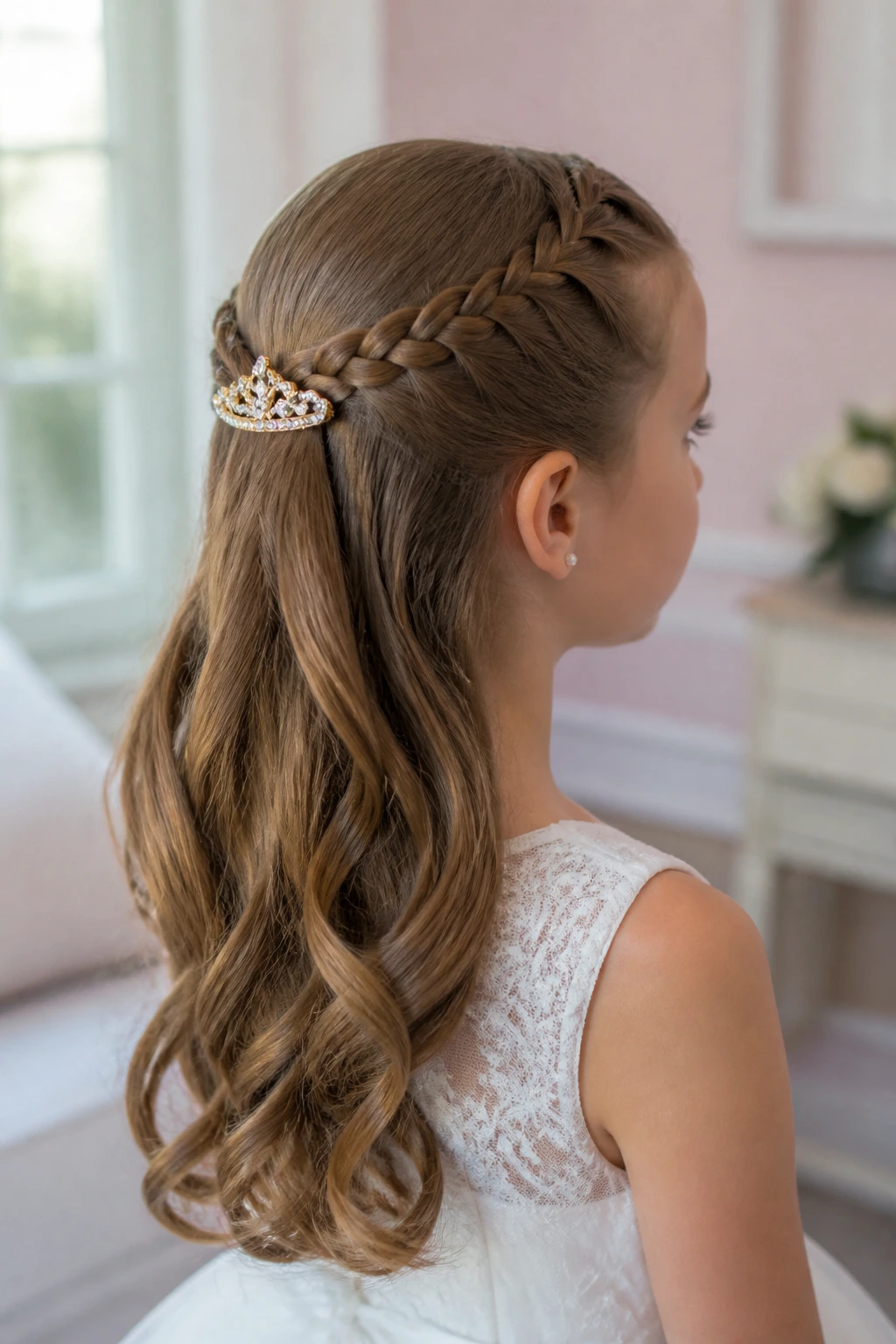 Close-up portrait of a real girl with two tiny French braids meeting under a back clip.