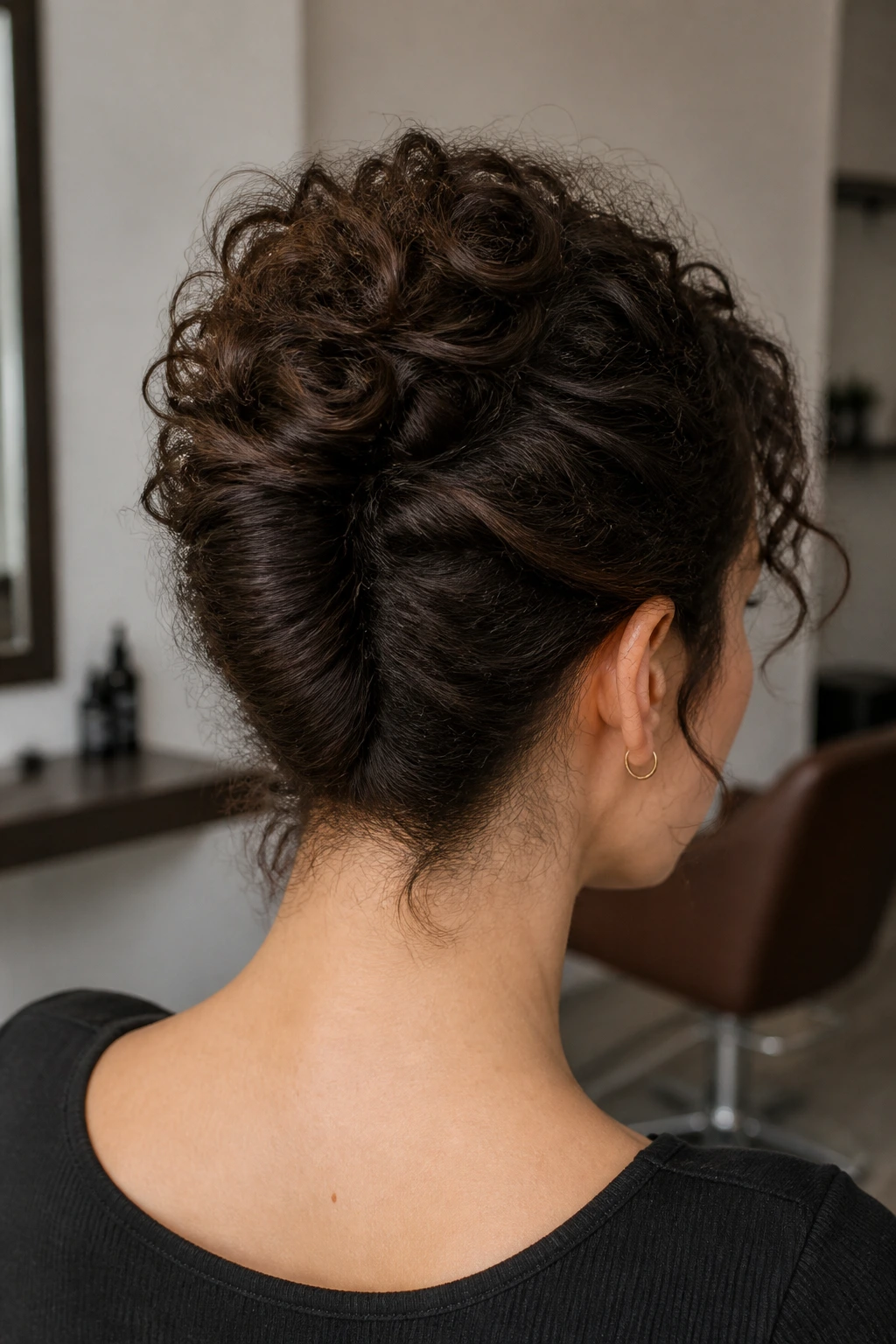 Back view of a real woman with a low miniature French roll for short curly hair.