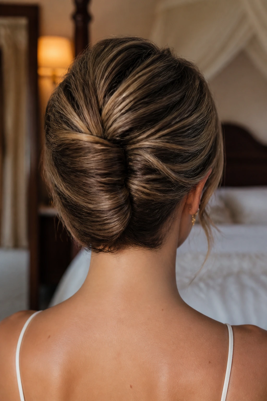 Rear view of a real woman with a mini French twist at the back of a bob