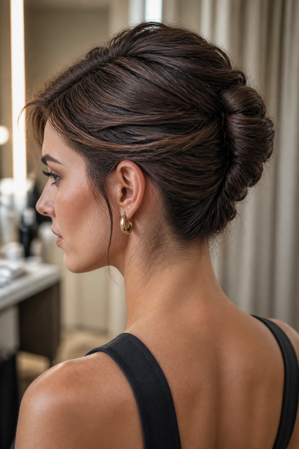 Close-up of a real person with a mini French twist at the back