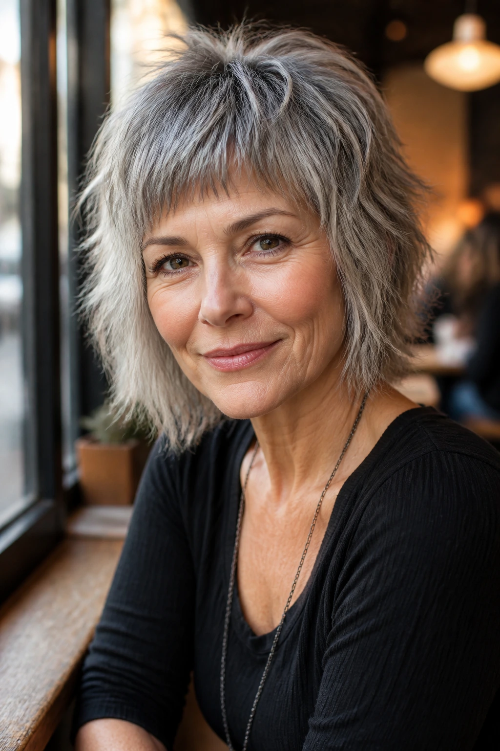 Close-up portrait of a real woman with mini fringe shag