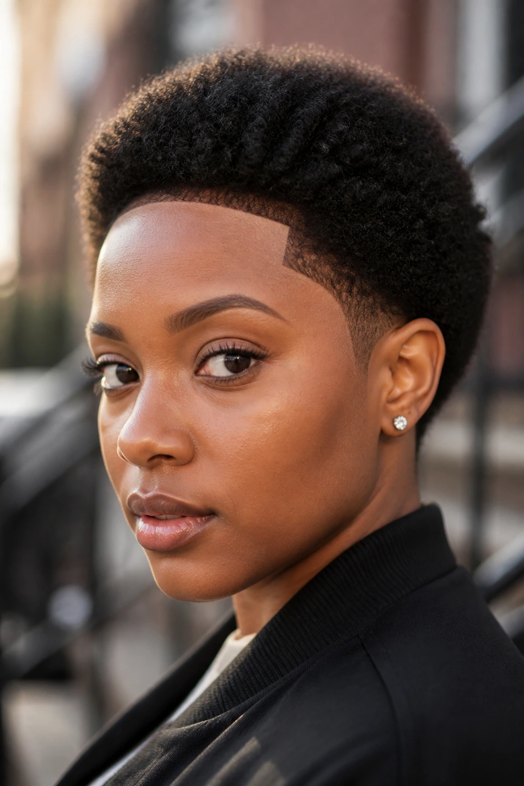 Close-up of a real person with a mini fro and shape-up in natural light