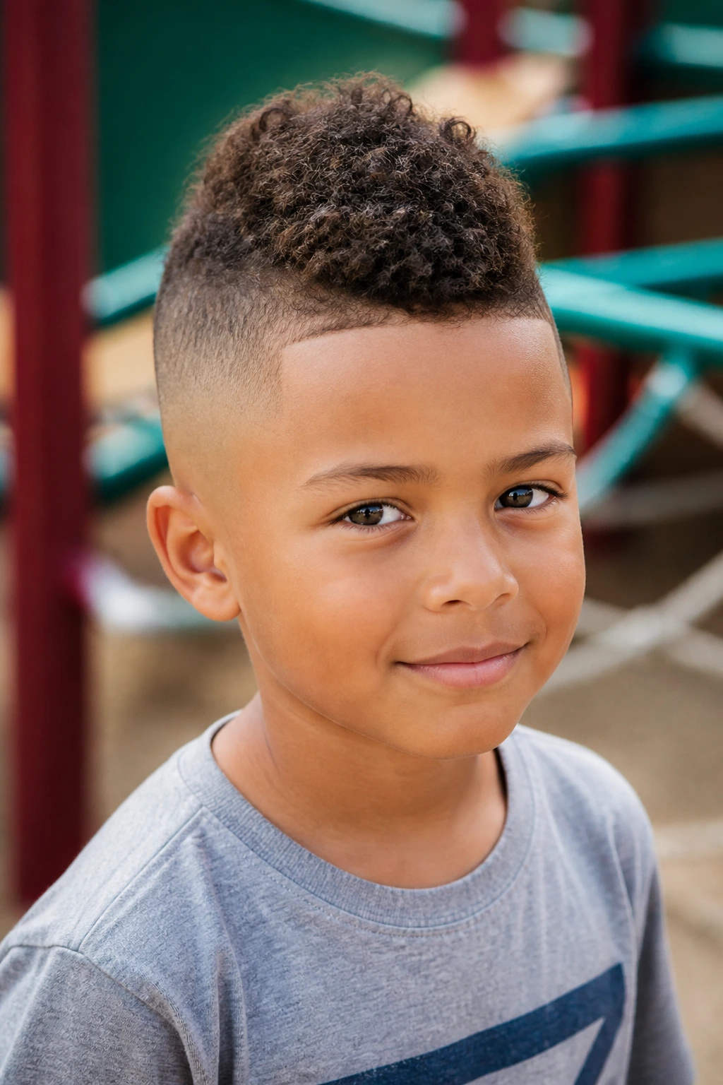 Close-up of a real boy with mini frohawk hairstyle in a playground
