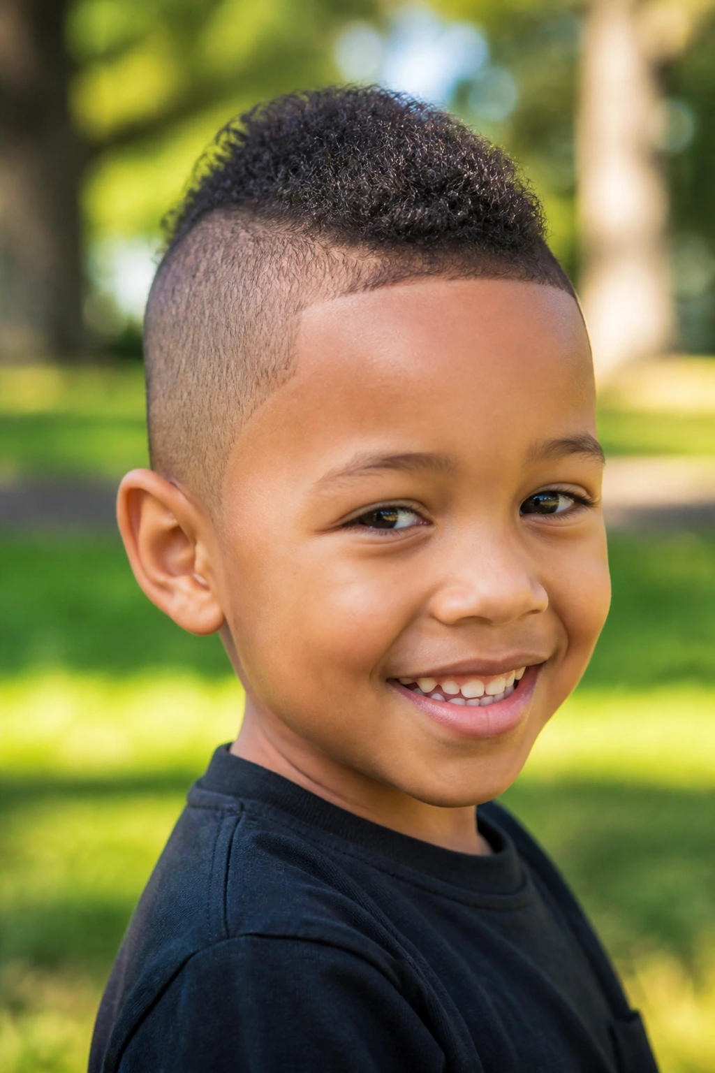 Child with mini frohawk showing center ridge and tapered sides outdoors.