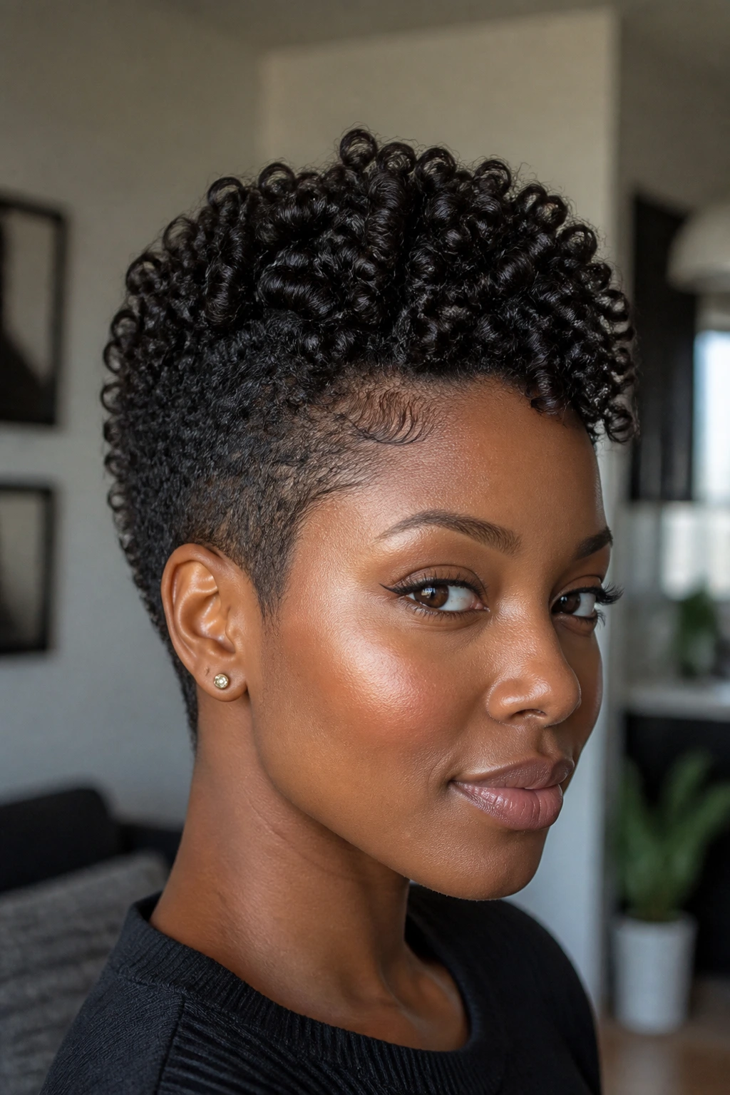 Portrait of a real person with a mini curly frohawk showing a tall center ridge and tapered sides.