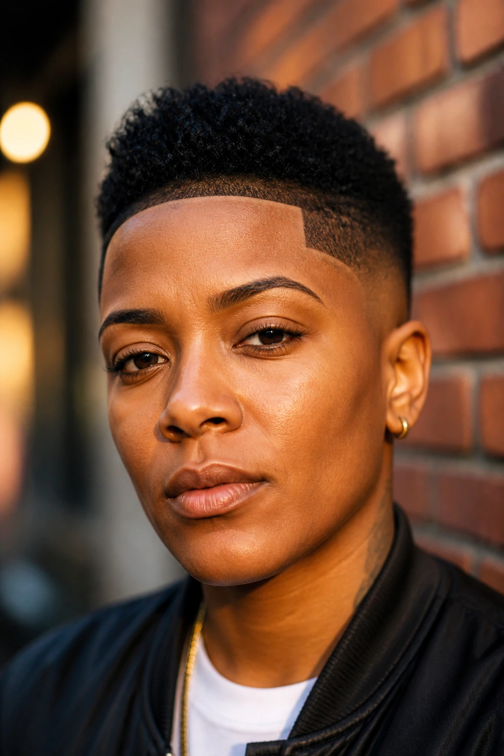 Close-up portrait of mini frohawk with line-up hairstyle on a real person